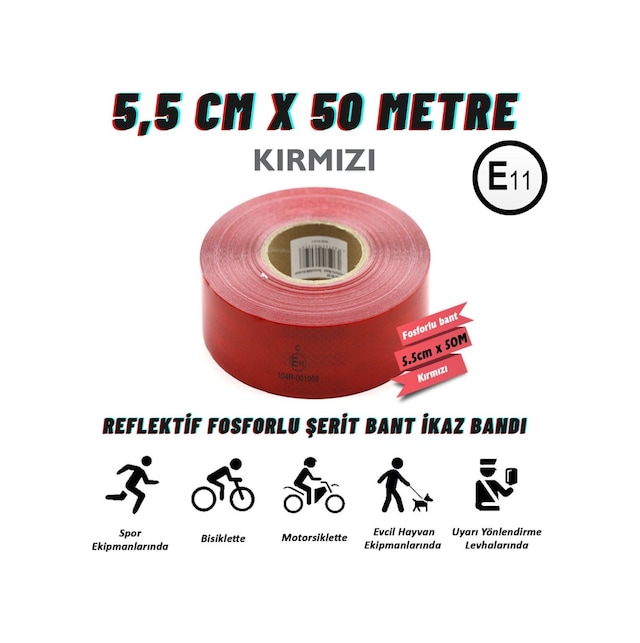 Carub Refleftif Fosforlu Petekli Şerit Bant Emark Belgeli 5.5 Cm X 50 Metre Kırmızı İkaz Bandı Br2406056 1 Adet