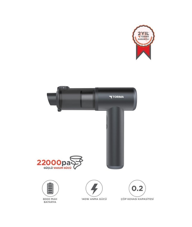 Torima LT102 22.000 PA Güçlü Emiş Usb-c Şarjlı Araç İçi El Süpürgesi (İthalatçı Garanti)