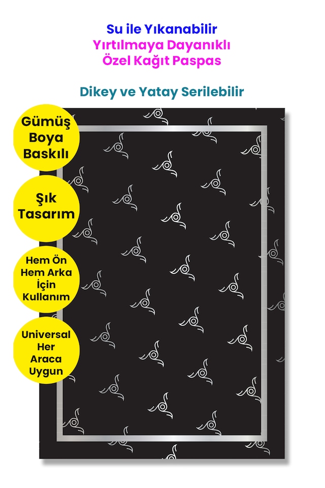 Suya Dayanıklı Yıkanır Kağıt Çark Desenli Oto Paspas Kağıdı Siyah Gümüş Baskı 50 Adet 35x50cm Kalın