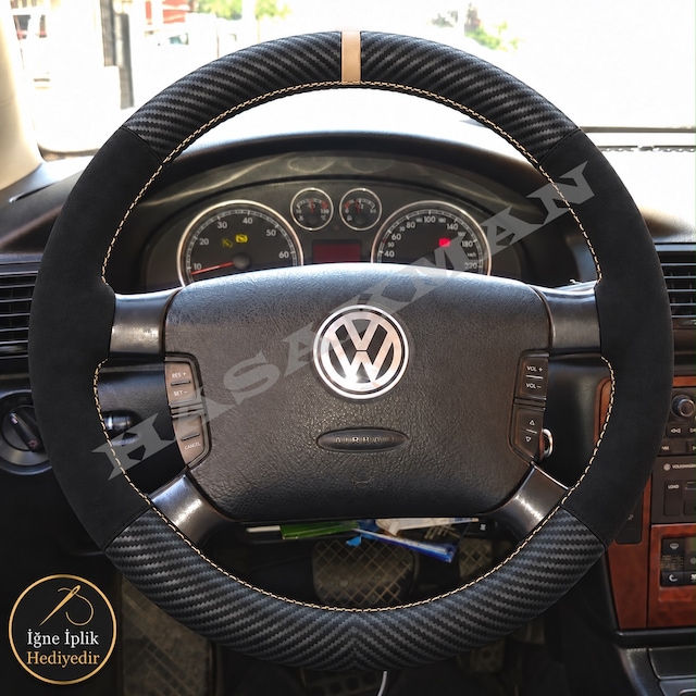 Volkswagen Bora Dikme Direksiyon Kılıfı Alcantara Süet Mat Karbon Bej Yüzük Ve Dikiş 4 Kollu-highline 2000-2005