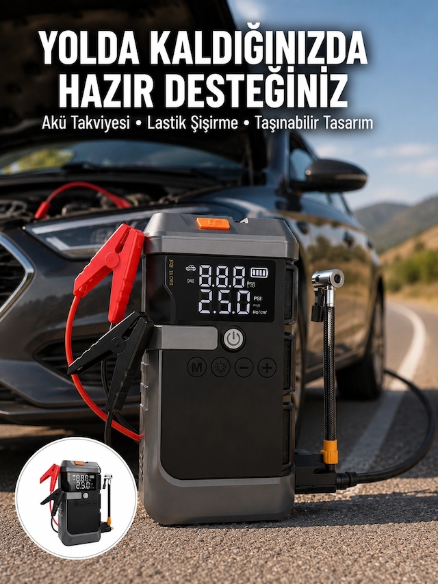 Mey İthalat Işıklı Hava Kompresörlü Taşınabilir Akü Takviye Ünitesi Yeni Nesil