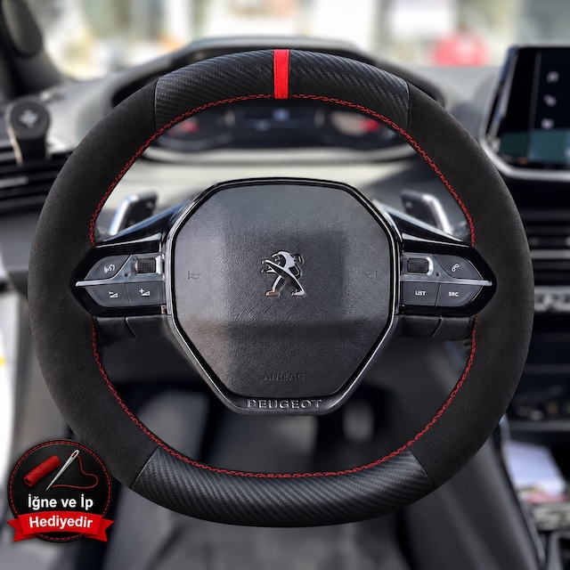Peugeot 208 Dikme Direksiyon Kılıfı Alcantara Süet Mat Karbon Kırmızı Yüzük Ve Dikiş 2019-2024 Siyah