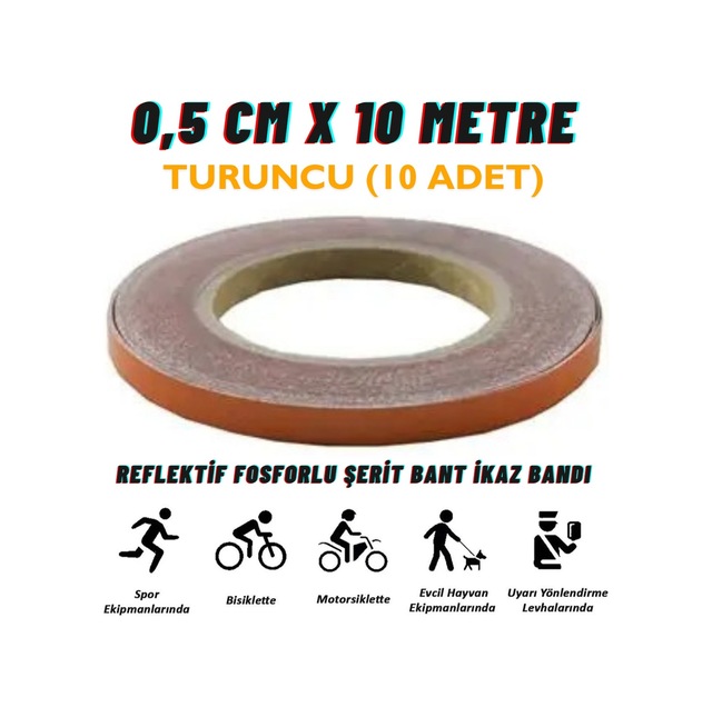 Carub Reflektif Fosforlu Şerit Bant 0,5 Cm X 10 Metre Turuncu İkaz Bandı BR2405006