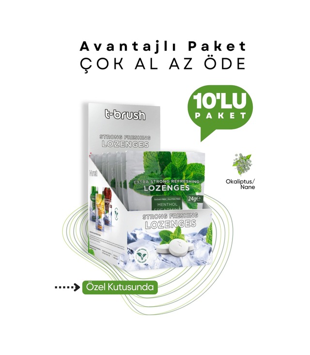 Tbrush Ağız Kokusu Önleyici Mentol ve Nane Aromalı Ağız Pastili - Alkolsüz ve Şekersiz (10 Paket)