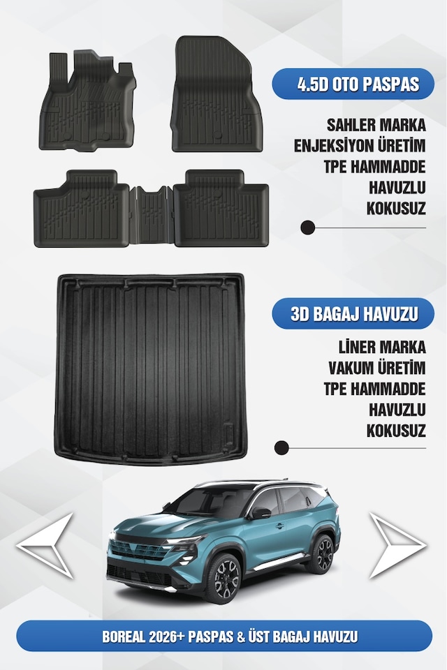 Sahler Renault Boreal 2026 Sonrası Uyumlu 4.5d Premium Havuzlu Paspas Ve Liner Üst Bagaj - 1.3 Tce