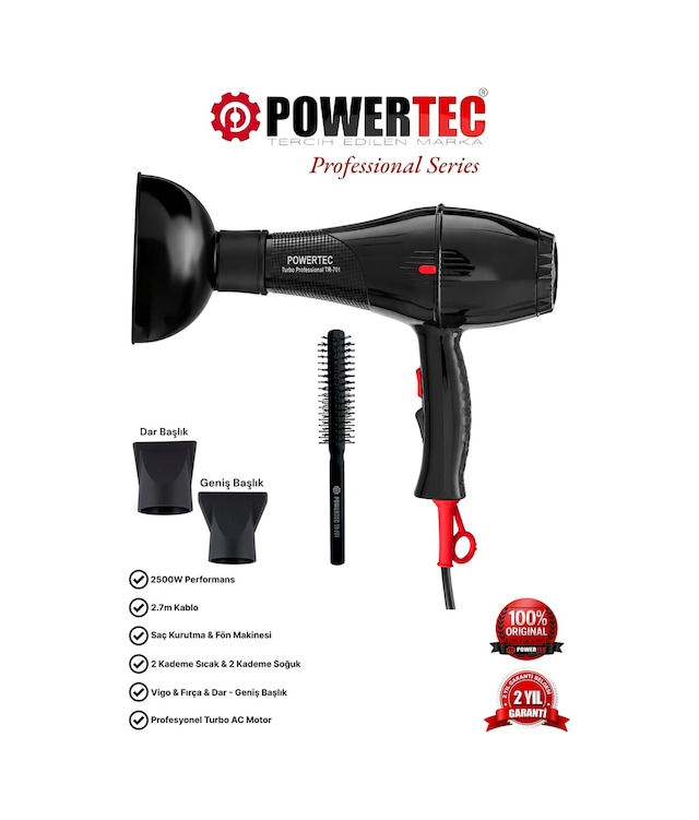 Powertec TR-701 Profesyonel Fön Makinesi + Vigo Difüzör Başlık + Profesyonel Fön Fırçası
