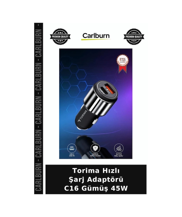 Delux Serisi Torima Hızlı Şarj Adaptörü C16 Gümüş 45w Kablo Otomobil Yolculuk