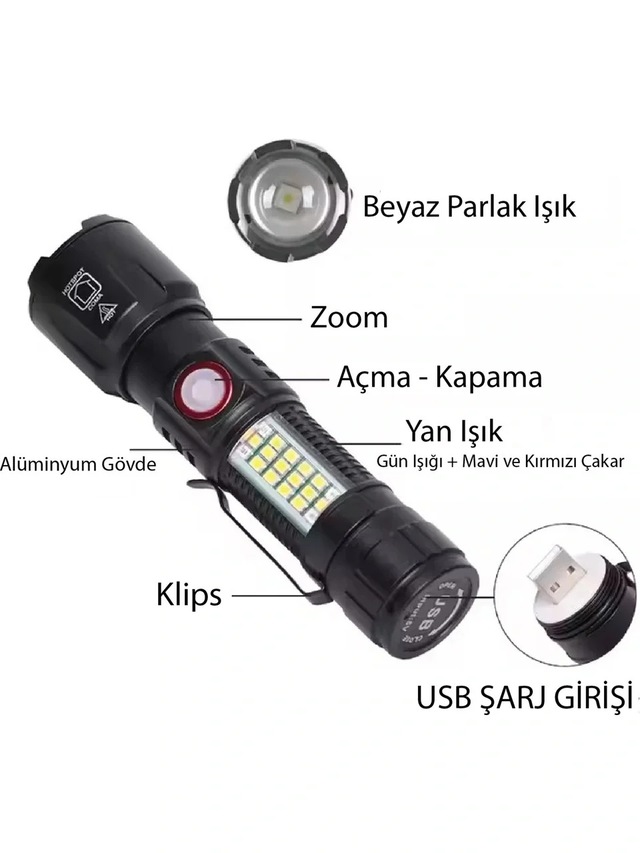 Ws-2828 Ultra Usb Şarjlı Polis El Feneri, Bekçi, Asker El Feneri Kırmızı Mavi Çakarlı 1000 Lümen 4801