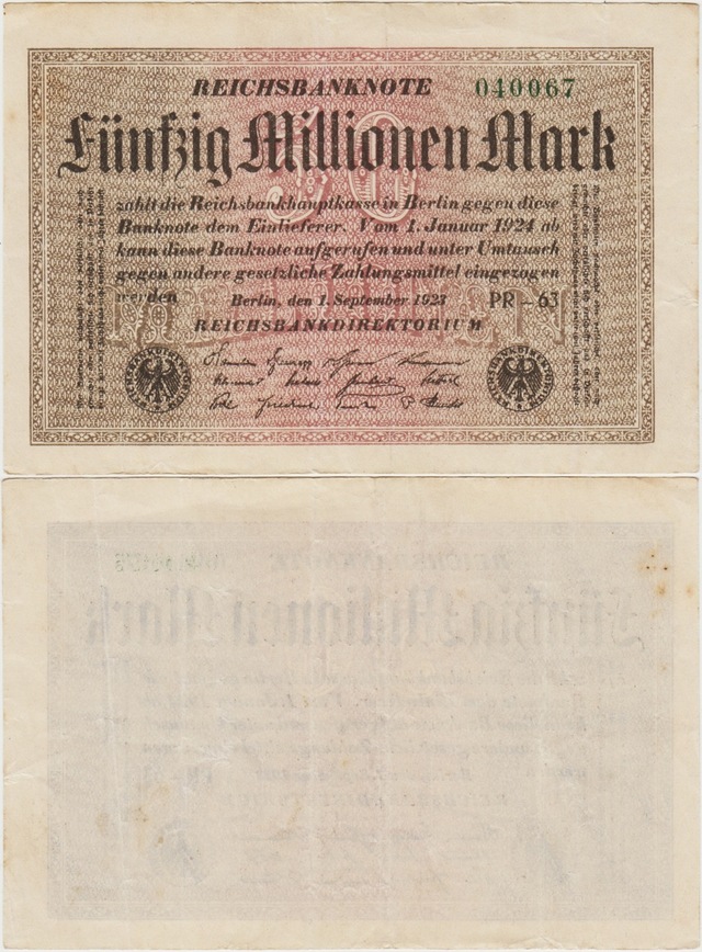 Almanya 50 Milyon Mark 1923 Weimar Cumhuriyeti. Ççt.