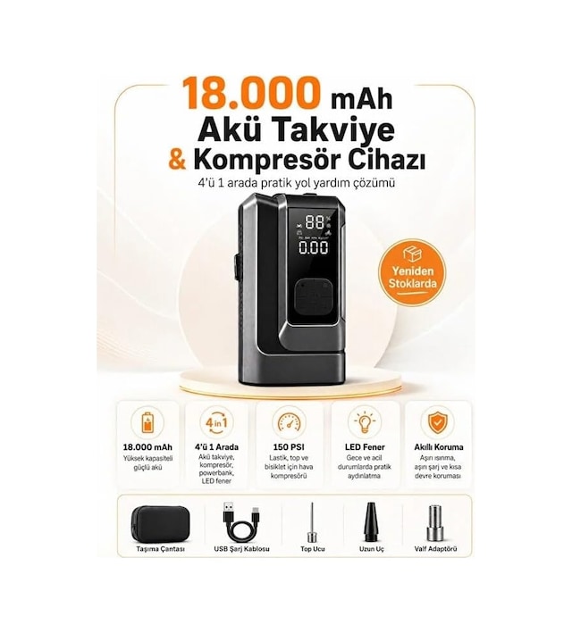 18000mah Akü Takviye Ve Kompresör 4'ü 1 Arada Taşınabilir Araç Marş Basma Cihazı Jump Starter