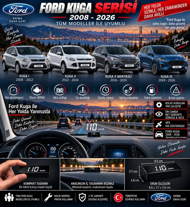 Ford Kuga 2008-2026 Modeller İçin Head Up Display Hayalet Gösterge Ekranı Ön Cam Hız Göstergesi