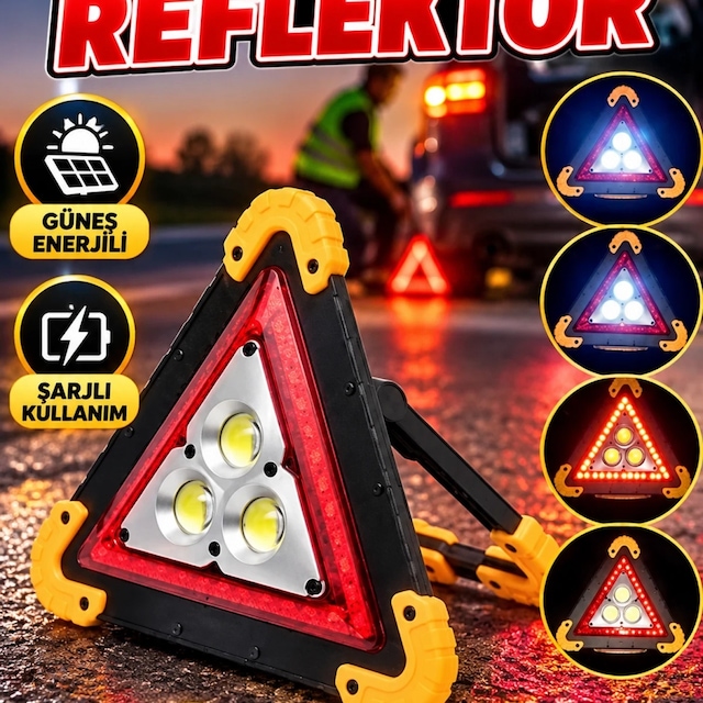 Şarjlı Güneş Enerjili Reflektör Işıklı İkaz Lambası Çok Fonksiyonlu Üçgen Reflektör
