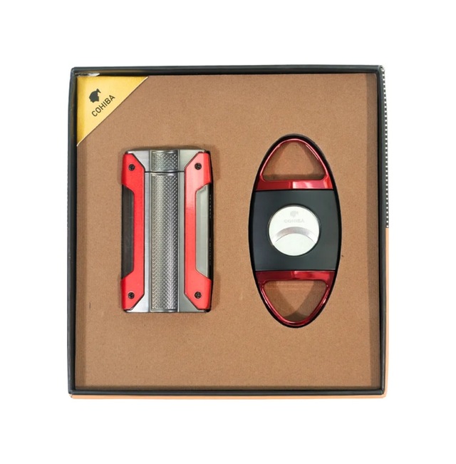 Cohiba Tek Torch Kırmızı Gunmetal Çakmak Kırmızı Siyah Kesici İkili Puro Seti Tr9836