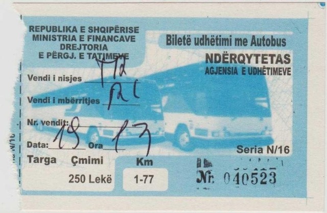Arnavutluk Otobüs - Ulaşım Bileti 2016 Yılı. 250 Lek Teşhir Ürün