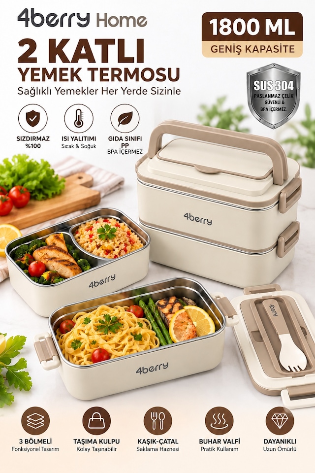 2 Katlı Yemek Termosu 3 Bölmeli 1800 Ml Taşınabilir Yemek Kabı, 304 Paslanmaz Çelik, Sızdırmaz, Isı Yalıtımlı, Kaşıklı Krem