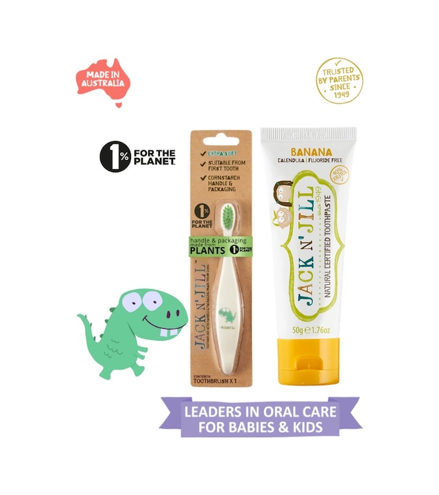 Jack N Jill Bebek Diş Fırçalama Seti Dino Diş Fırçası + Muz Aromalı Diş Macunu 50g