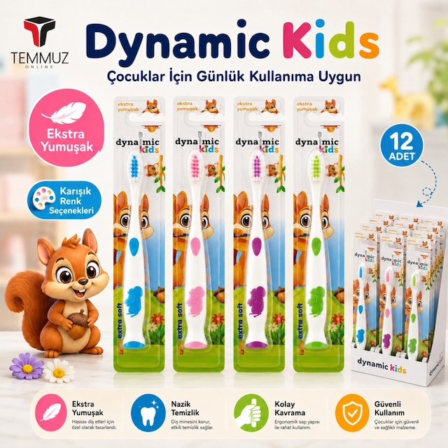Dynamic Kids Ekstra Soft Çocuk Diş Fırçası 12 Adet Tekli Ambalajlı Karışık Renk