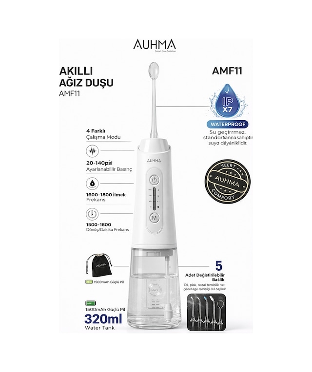 Auhma Amf11 Akıllı Şarjlı Ağız Duşu - 320ml Su Haznesi, 4 Modlu, Diş Temizleme Cihazı
