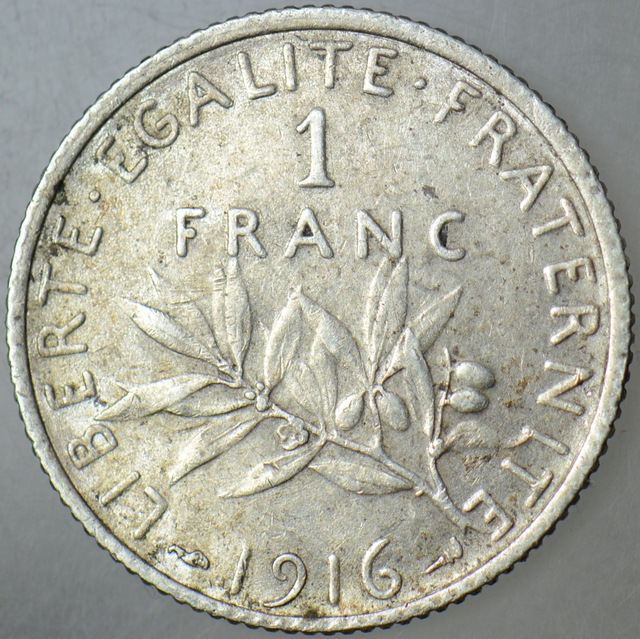 Fransa 1 Frank 1916 Gümüş. I. Dünya Savaşı Dönemi. 5 Gram.