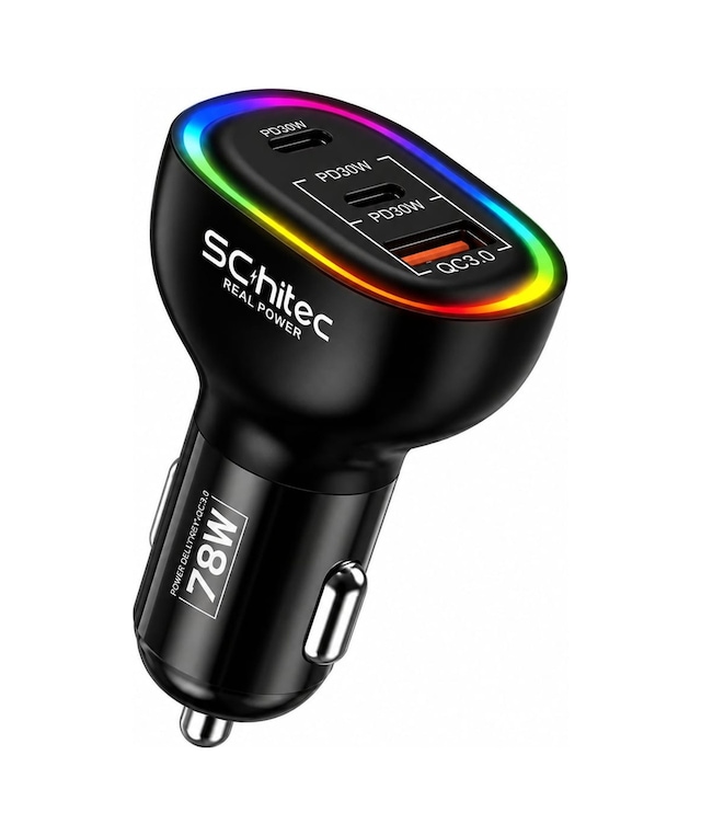Schitec 78w 3 Portlu Araç Şarj Aleti Çift Type-c Pd 30w + Usb Qc 3.0 Hızlı Şarj Rgb Işıklı Hg/cc-10