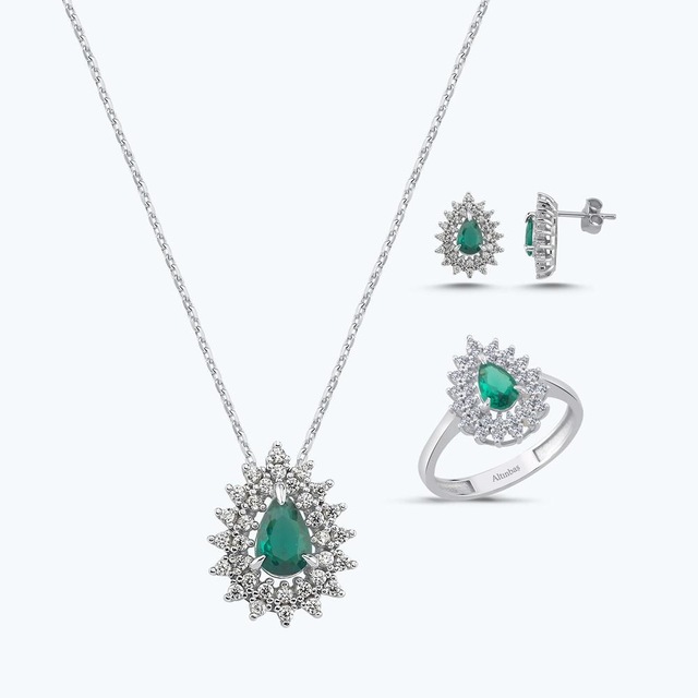 Altınbaş Yeşil Taşlı Altın Üçlü Damla Set Autk0033-b-24627-y-set