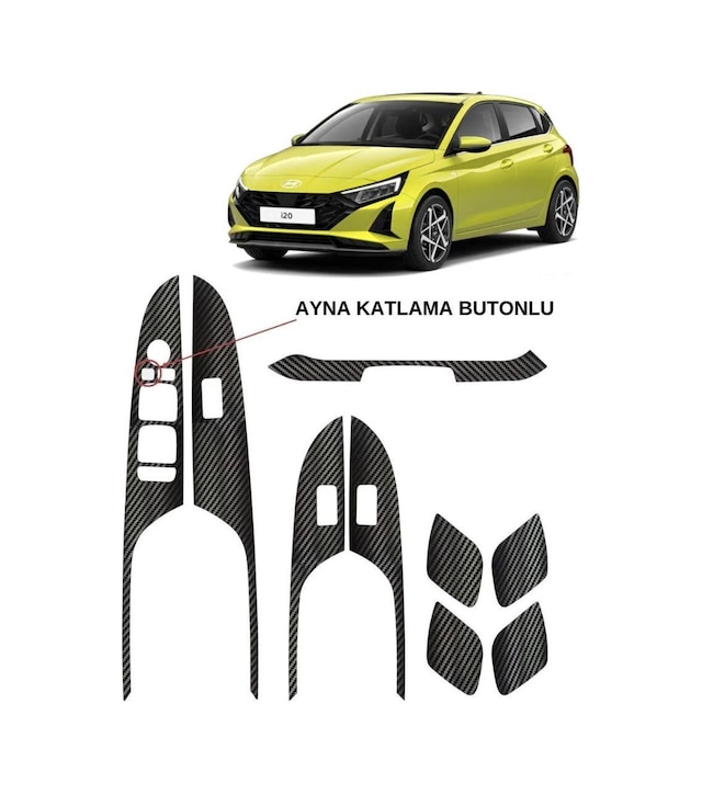 Hyundai İ20 İç Trim Karbon Folyo Kaplama Set Ayna Katlama Butonlu