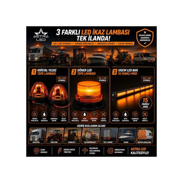 3 Lü Set 120 Cm Bar Led - Kristal Yıldız Lamba- Döner Tepe Lamba 12v 24v Profesyonel Led İkaz Lambası