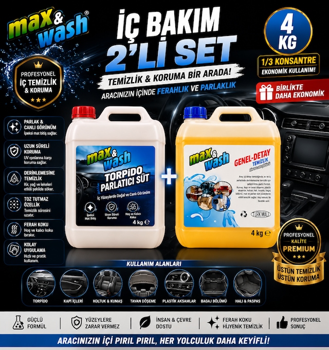 Max&wash 2'li İç Bakım Seti 4+4 Kg Torpido Parlatıcı Süt + Genel Detay Temizleyici Profesyonel Araç İçi Temizlik Ve Koruma Seti 0