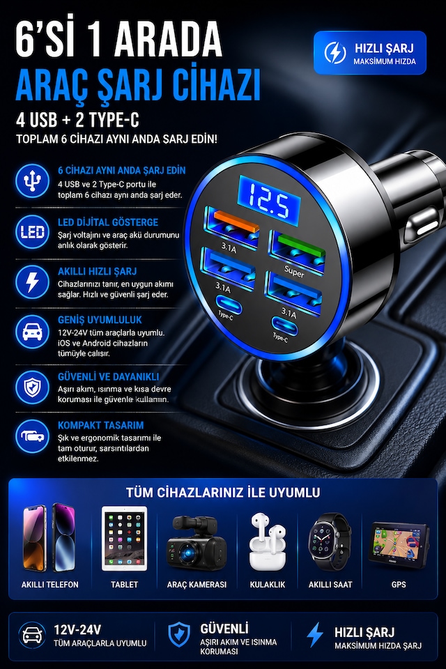 Hızlı Araç Çakmaklık Şarj Cihazı 6 Portlu 4 Usb + 2 Type-c Çıkışlı Dijital Göstergeli Oto Şarjı