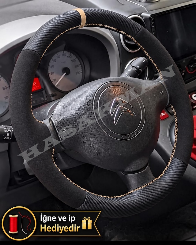 Citroen C4 Picasso Dikme Direksiyon Kılıfı Alcantara Süet Mat Karbon Bej Yüzük Ve Dikiş 2010-2013