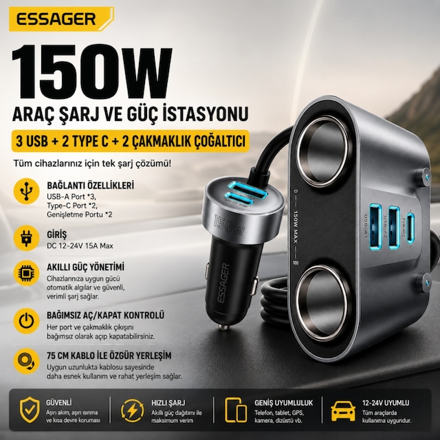 Essager 150w Çift Çakmaklık Çoğaltıcı Araç Şarj Adaptörü 3 Usb 2 Type-c 12-24v Araç Çakmaklık Çoğaltıcı