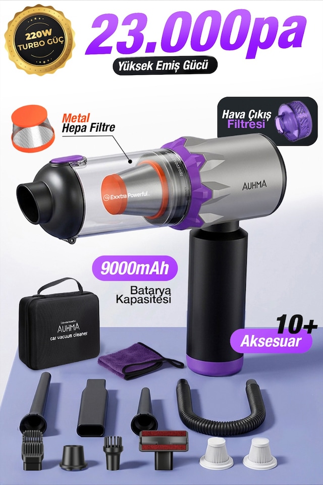 Auhma Ahv-29 Kablosuz Araç Süpürgesi 220w 23000pa Güçlü Vakum & Üfleme Özellikli Şarjlı Oto Süpürge Gri