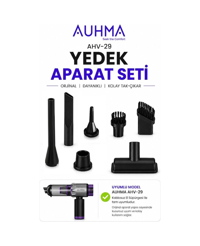 Auhma Ahv-29 Yedek Aparat Seti Kablosuz El Süpürgesi Başlık Seti Fırça, Dar Uç, Geniş B Siyah