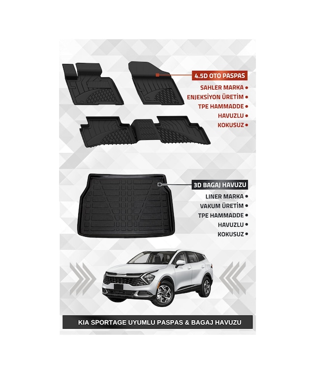 Kia Sportage 2022+ Uyumlu Sahler 4.5d Premium Paspas Ve Liner 3d Bagaj Havuzu Cool-elegance Paket