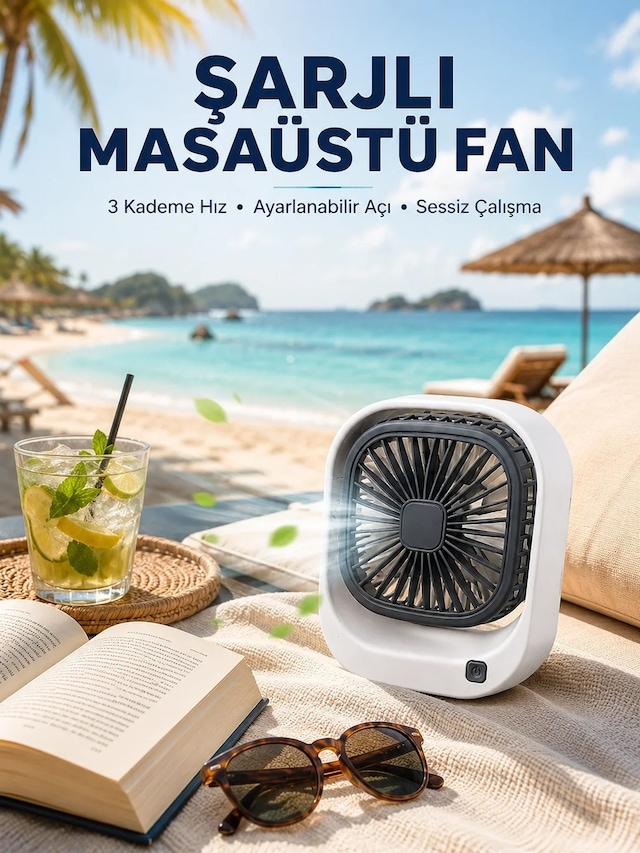 Ers Şarjlı Masaüstü Fan 3 Kademeli Hız Ayarlı Güçlü Hava Akışı