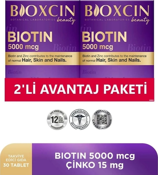 Bioxcin Biotin 5.000 Mcg + Çinko 15 Mg Saç ve Tırnak Vitamini 2 x 30 Tablet