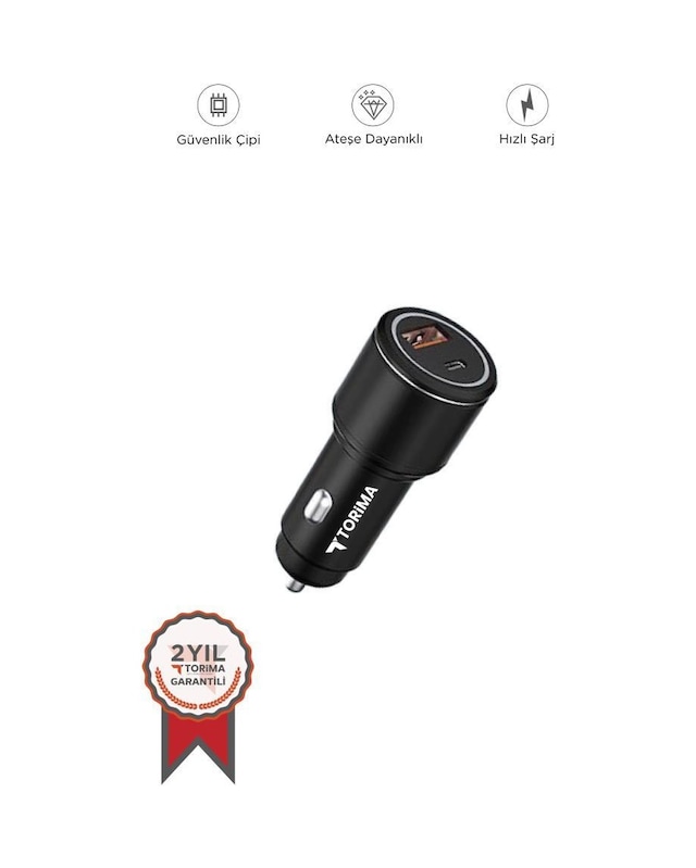 Torima C2 Siyah Tüm Araçlara Uyumlu Araba Çakmaklık Usb Ve Type-c Girişli Oto Şarj Aleti Soketi