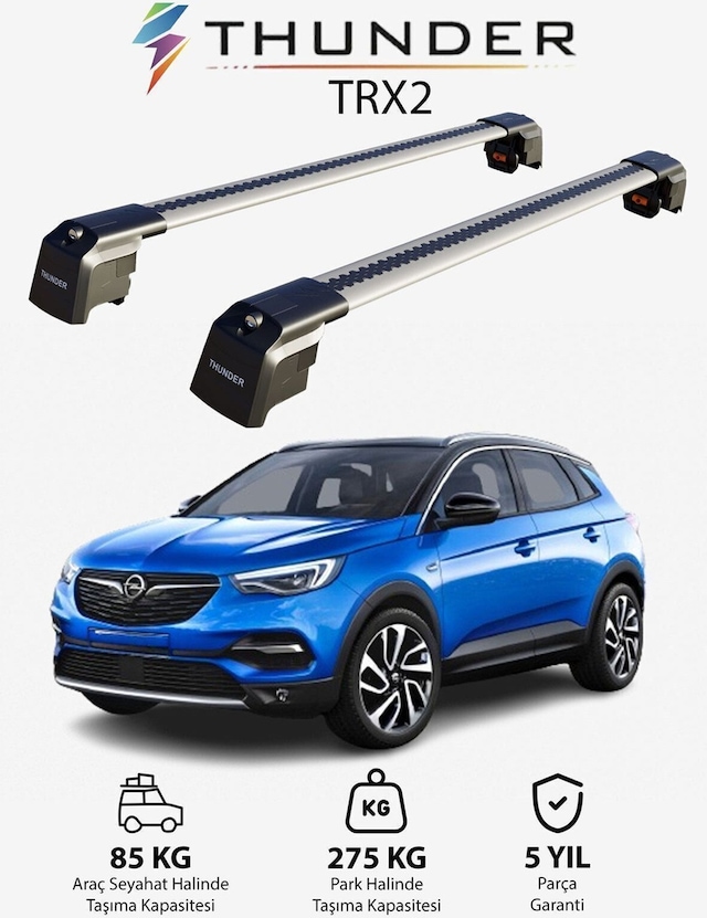 Opel Grandland X 2018-sonrası Trx2 Thunder Carrier Kilitli Ara Atkı Taşıyıcı Tavan Barı Gri