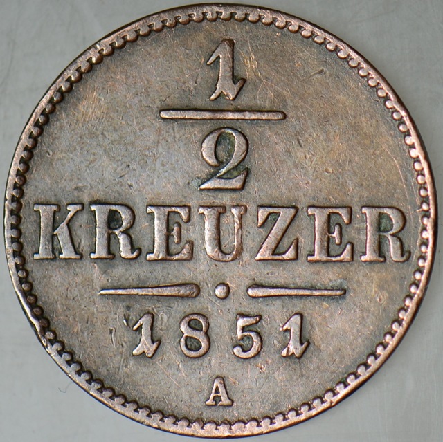 Avusturya 1/2 Yarım Kreuzer 1851 A Viyana Darbı.