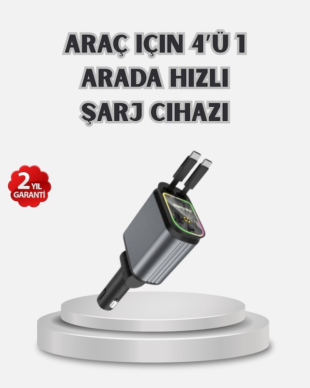 Tek Araç Şarj Cihazı 4 Portlu 66w Hızlı Şarjlı Led Işıklı Ve 180 Dönebilir Najmaddin