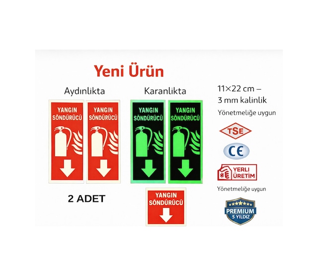 Fosforlu Yangın Söndürme Levhası 2 Adet Kolay Montaj Fosforlu Fotolümen İkaz Tabelası