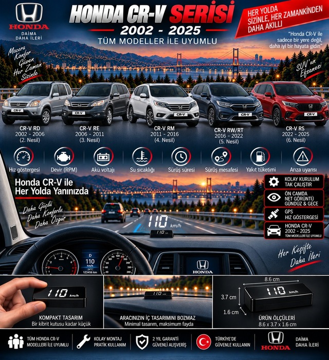 Honda Crv 2002-2026 Modeller İçin Head Up Display Hayalet Gösterge Ekranı Ön Cam Hız Göstergesi