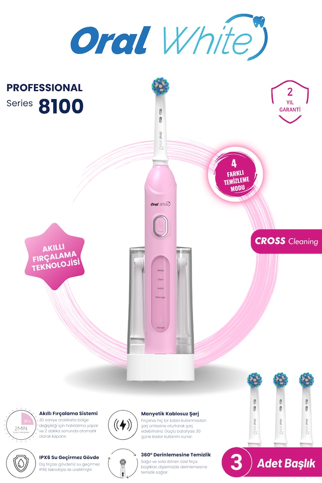 Oral White 4 Modlu Professional 8100 Şarjlı Diş Fırçası Pembe