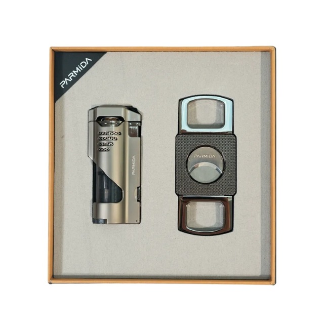 Parmida 3 Torch Gunmetal Çakmak Gunmetal Kesici İkili Puro Seti Tr9848