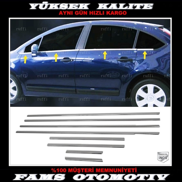 Citroen C4 Krom Cam Çıtası 8 Prç. 2004-2011 P. Çelik Hb