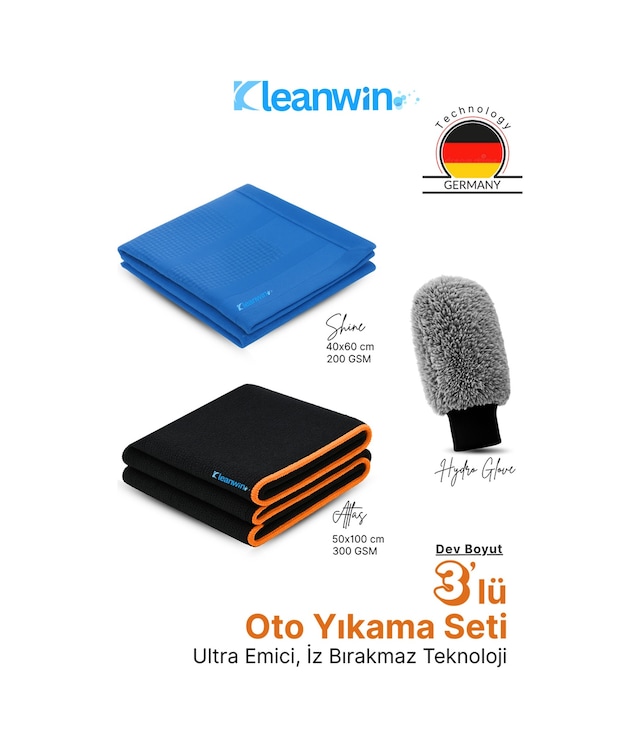 3 Lü Premium Araç Temizlik Seti Atlas Kurulama Bezi, Shine Cam Bezi, Hydroglove Eldiven