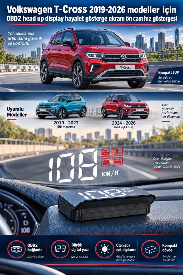 Volkswagen T-cross 2019-2026 Modeller İçin Obd2 Head Up Display Hayalet Gösterge Ekranı Ön Cam Hız Göstergesi
