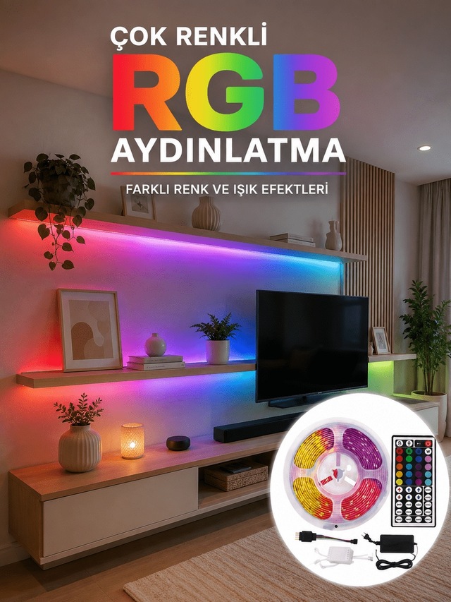 5 Metre Kumandalı Rgb Led Şerit 5050 Smd 54 Led/m Renk Değiştiren