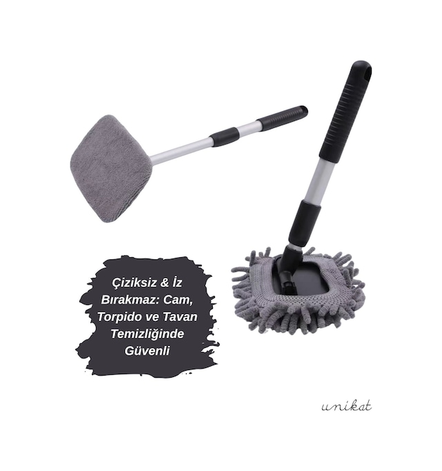 180 Döner Başlıklı Teleskopik Araç Cam Ve Torpido Temizleme Aparatı 3 Farklı Mikrofiber Bezli