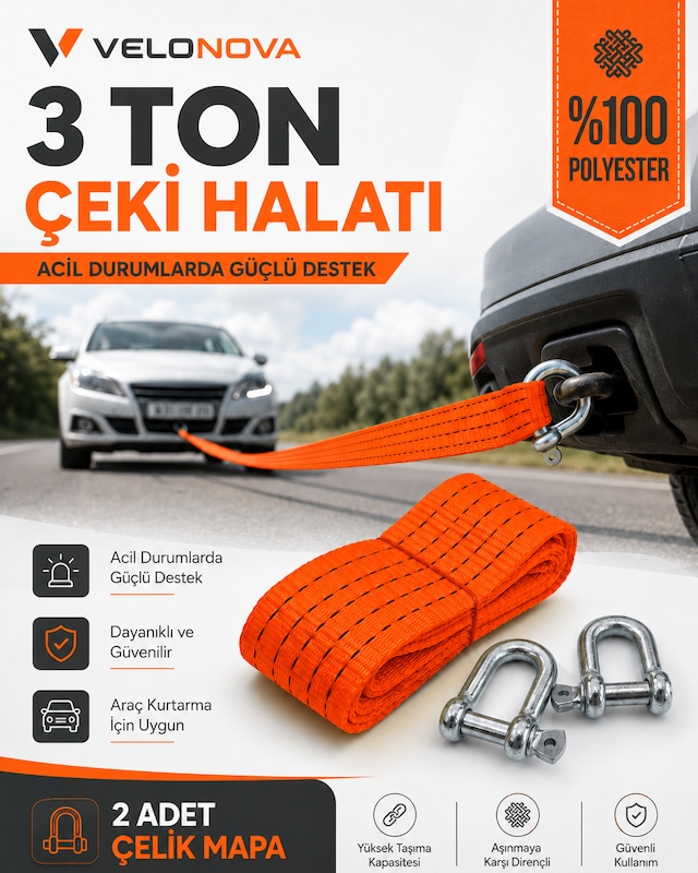 3 Ton Kırmızı Çekme Halatı 3 Metre 5 Cm Genişlik 2 Adet Çelik Mapa Dahil %100 Polyester Araç Kurtarma Halatı
